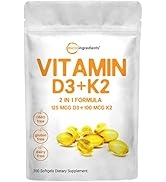 Vitamin D3 5000IU Plus K2, 2 in 1 Formula, Vitamin D3 with MK7 Vitamin K2, 300 Soft-Gels, Immune ...